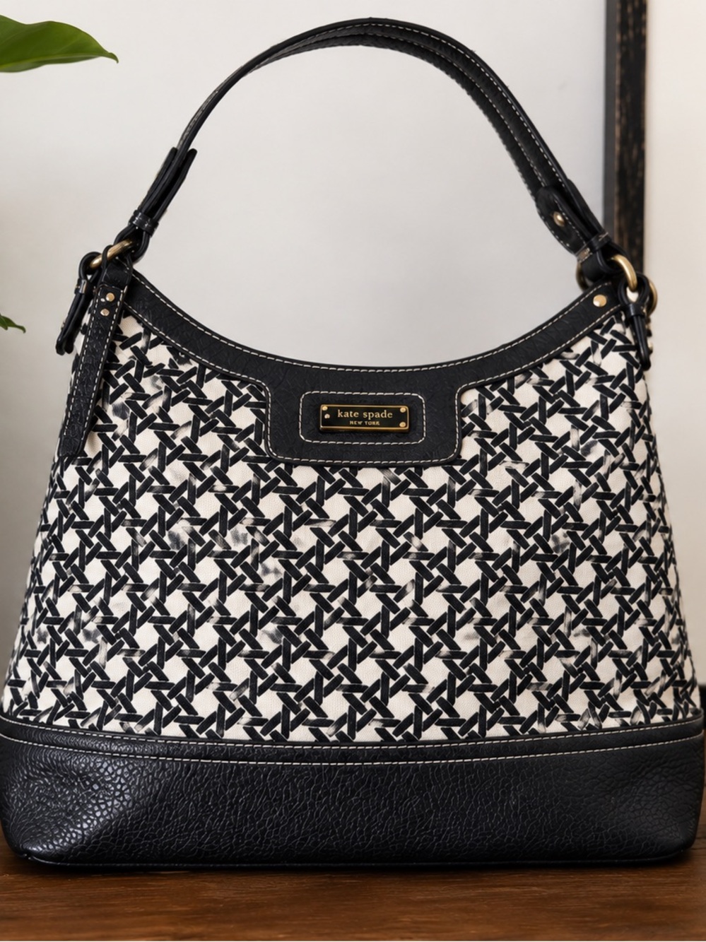 Kate Spade New York Black White Canvas Leather Shoulder Hobo Bag Geometric Print